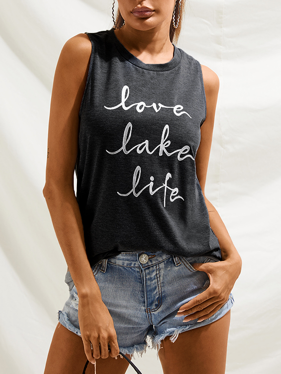 YOINS Grey Letter Print Crew Neck Sleeveless Tee