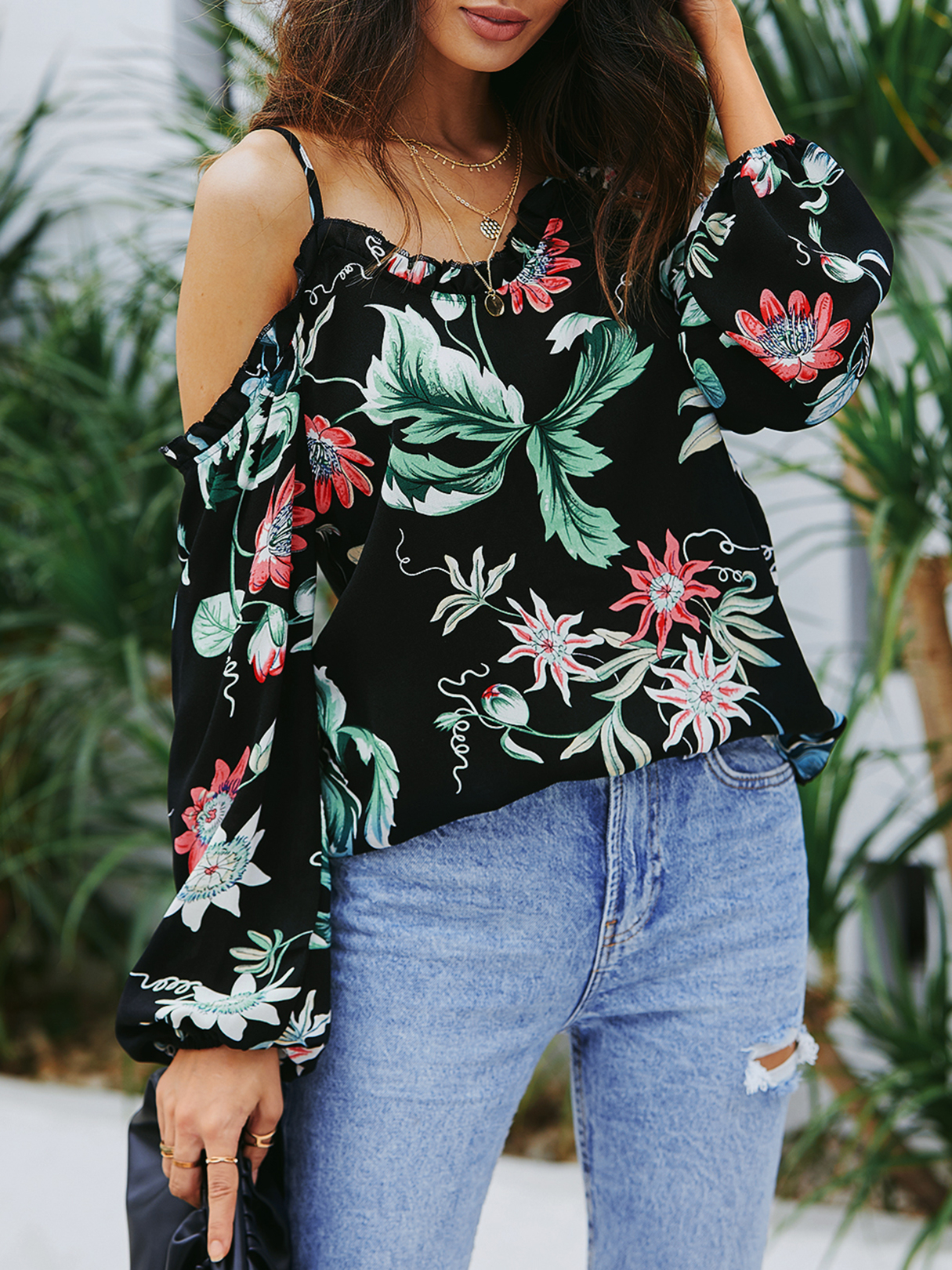 YOINS Black Random Floral Print Cold Shoulder Blouse