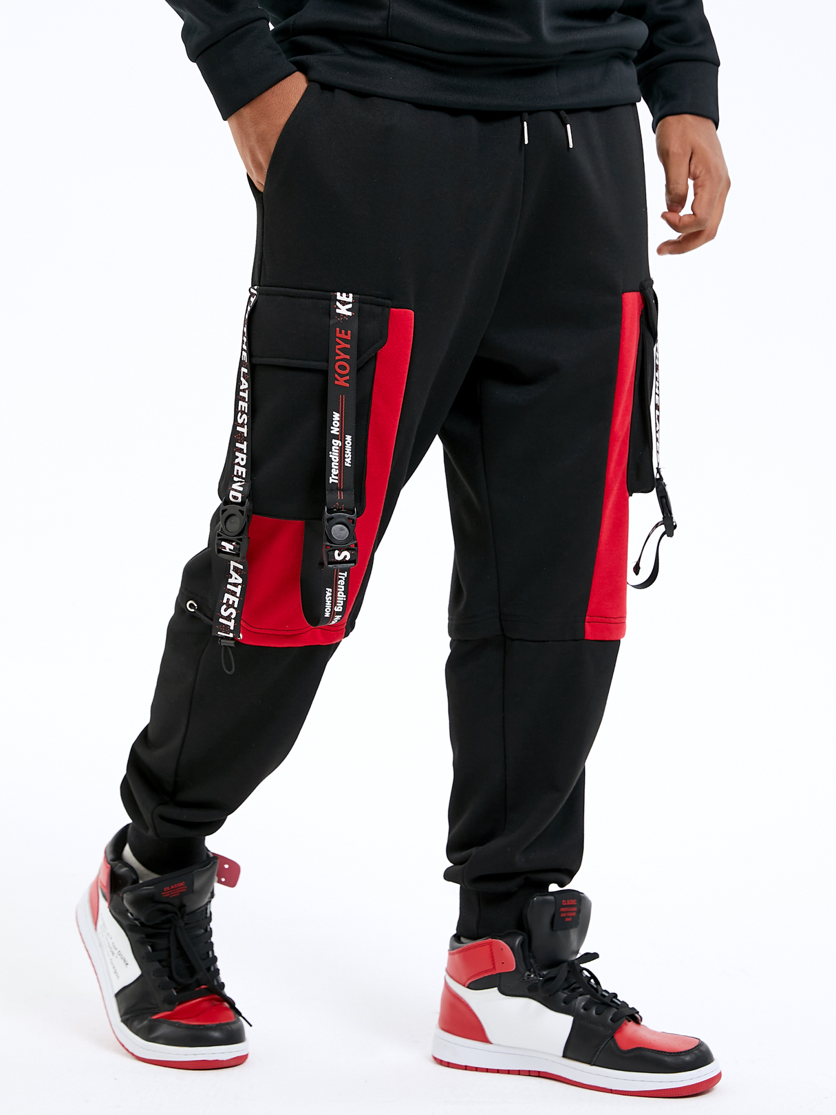 Men Hip Hop Style Color Block Print Ribbon Design Cargo Pants