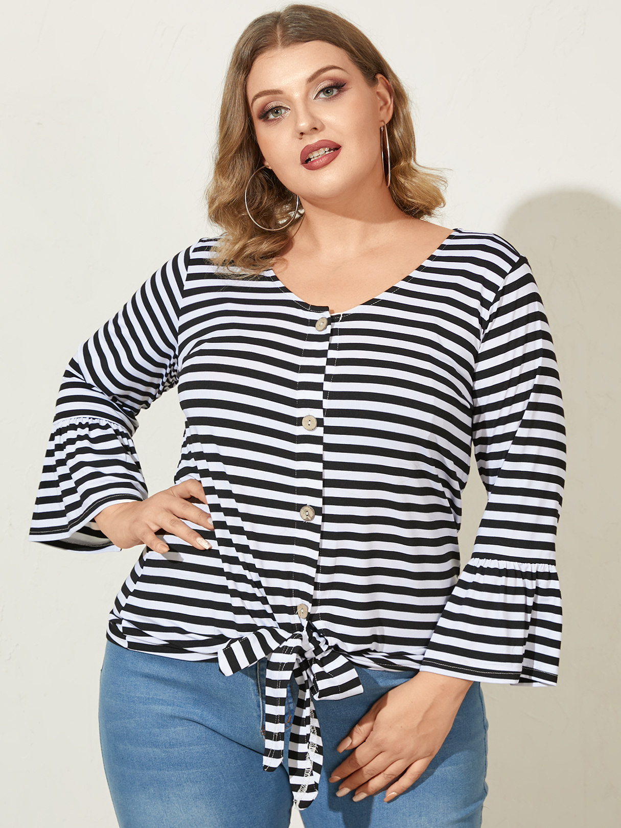 YOINS Plus Size Round Neck Striped 3/4 Length Sleeves Blouse