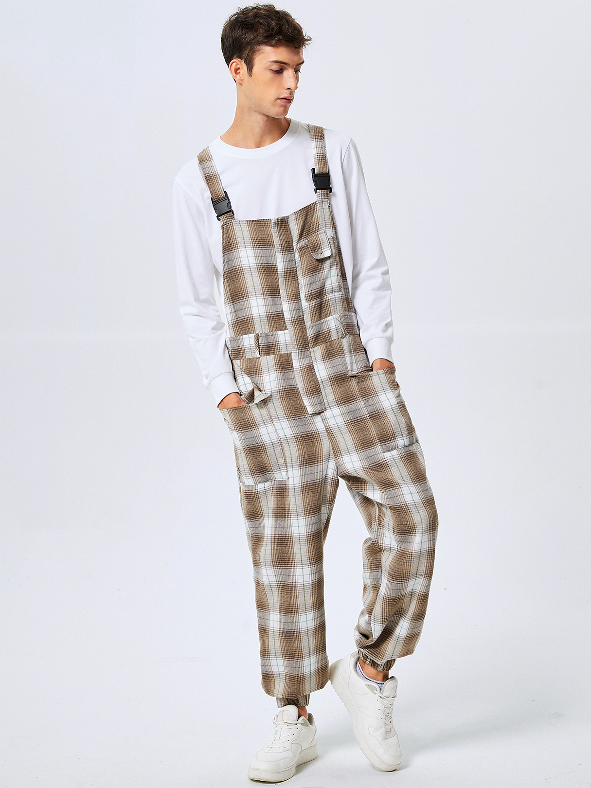 Men Fashion Plaid Print Belt Design Sleeveless Suspender Overalls Jumpsuit