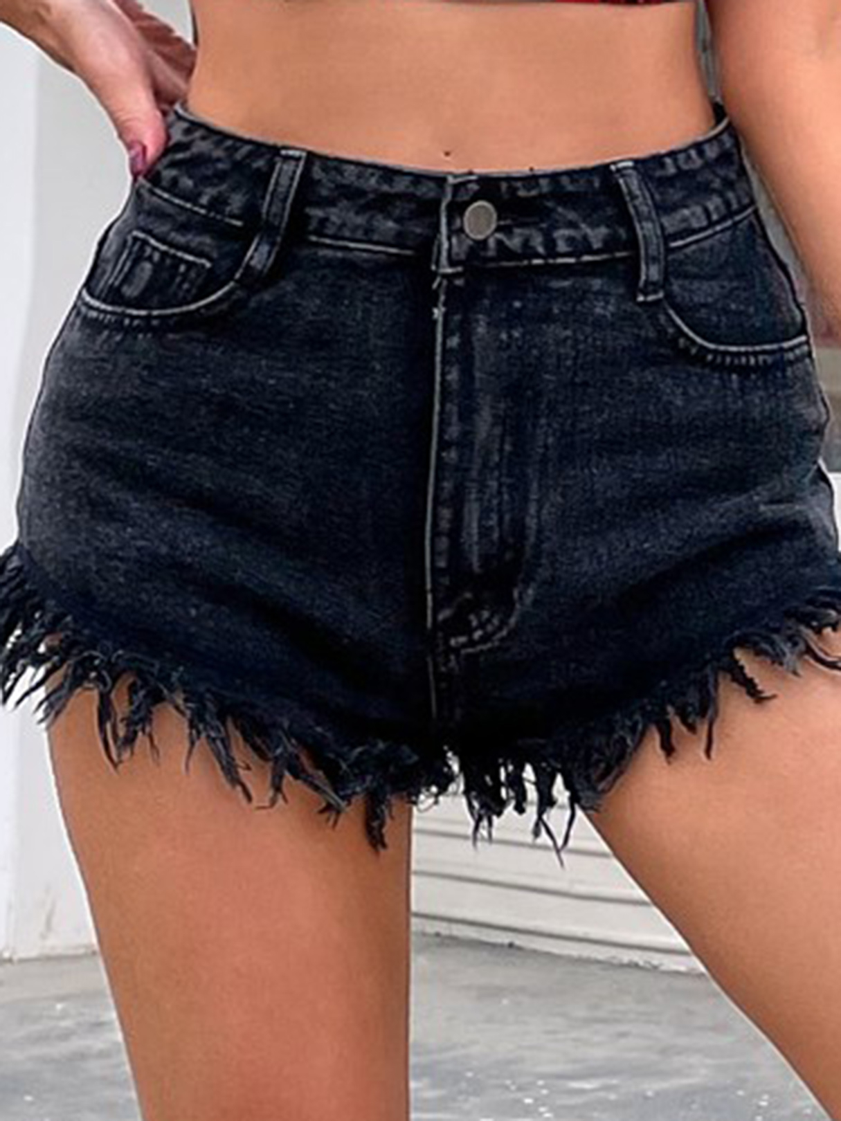 Black Side Pocket Mid Waist Denim Shorts