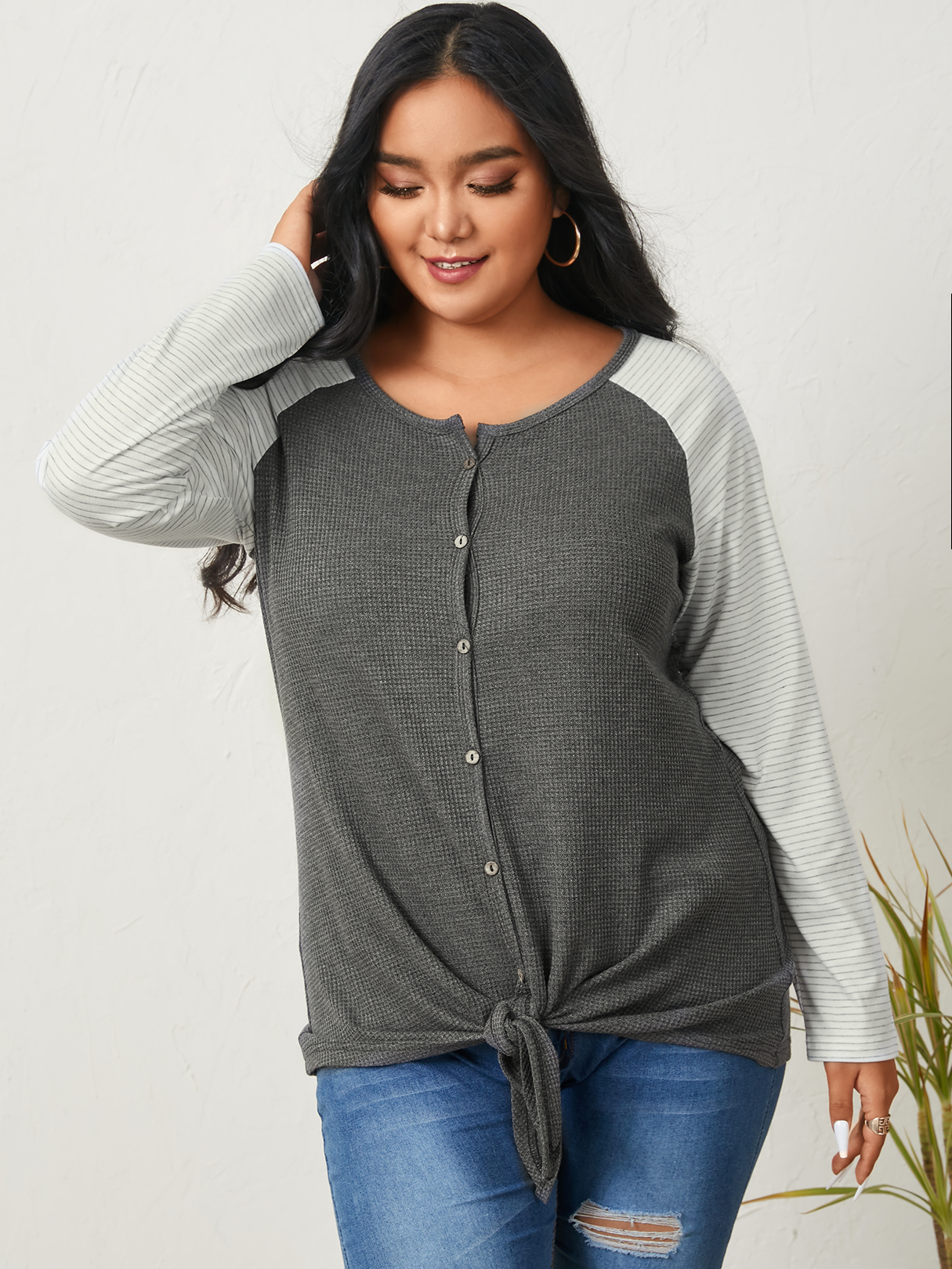 YOINS Plus Size Round Neck Striped Waffle Knit Long Sleeves Knitwear