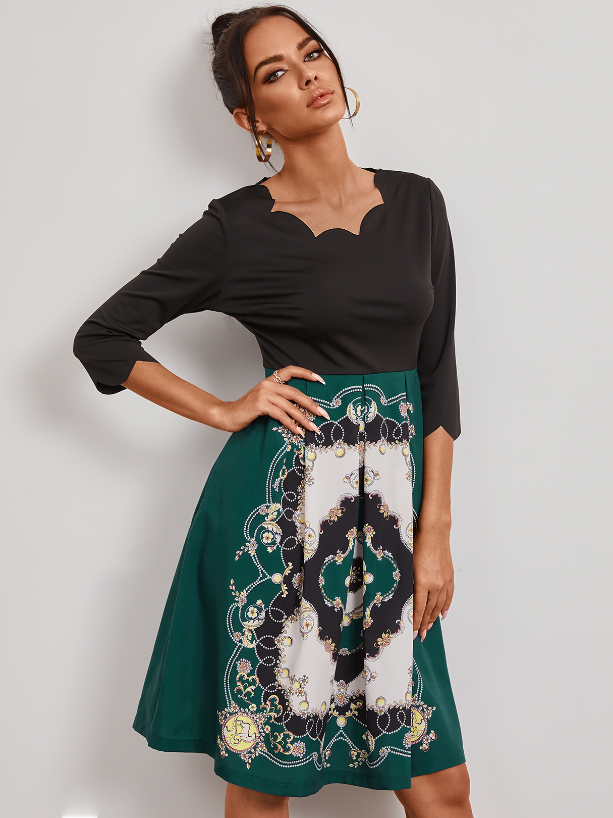 YOINS Round neck Scarf print Midi Dress