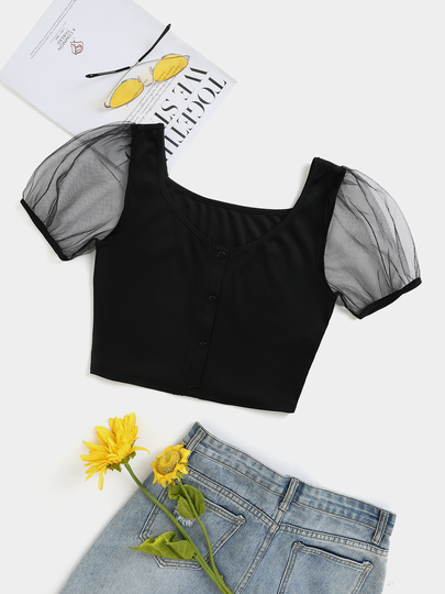 YOINS Black Mesh Patchwork Square Neck Short Sleeves Tee