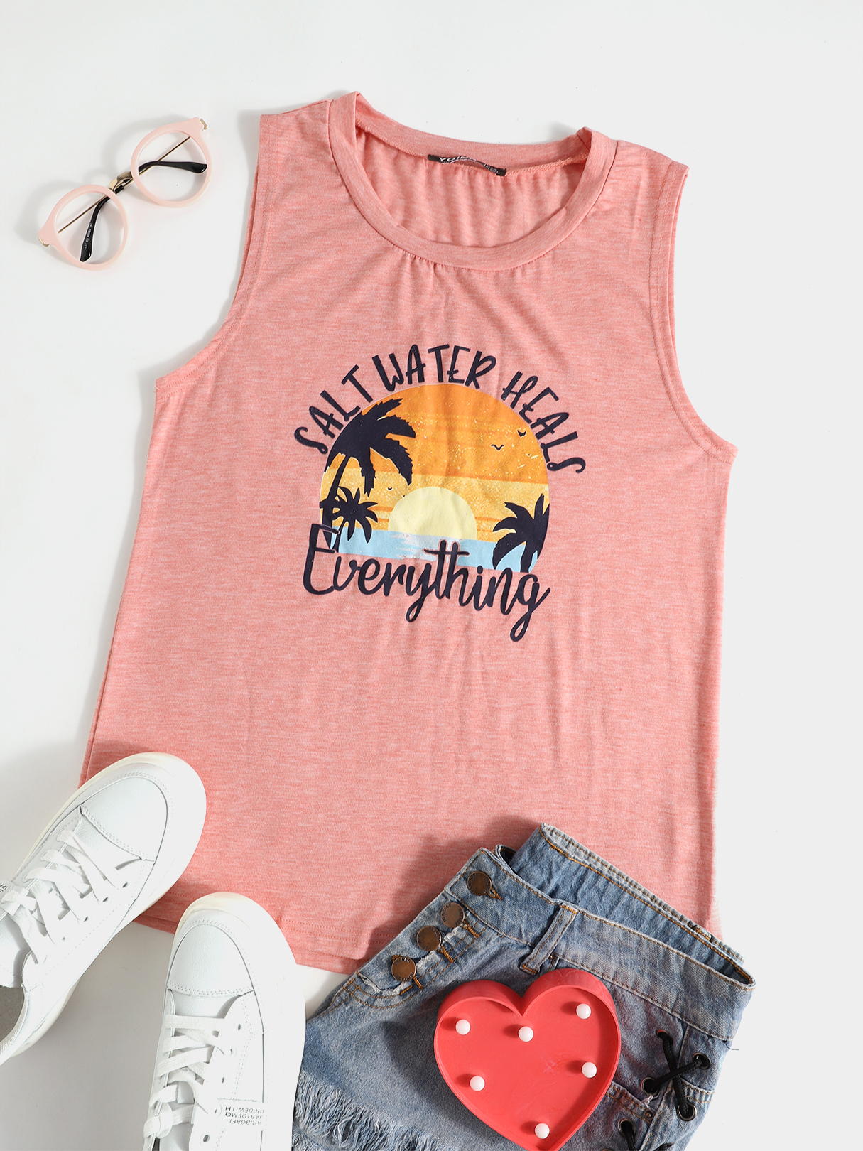 Pink Sunset Print Crew Neck Sleeveless Tank Top