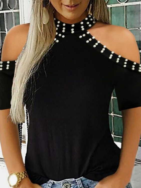 YOINS Black Handmade Beaded Details Cold Shoulder Tee