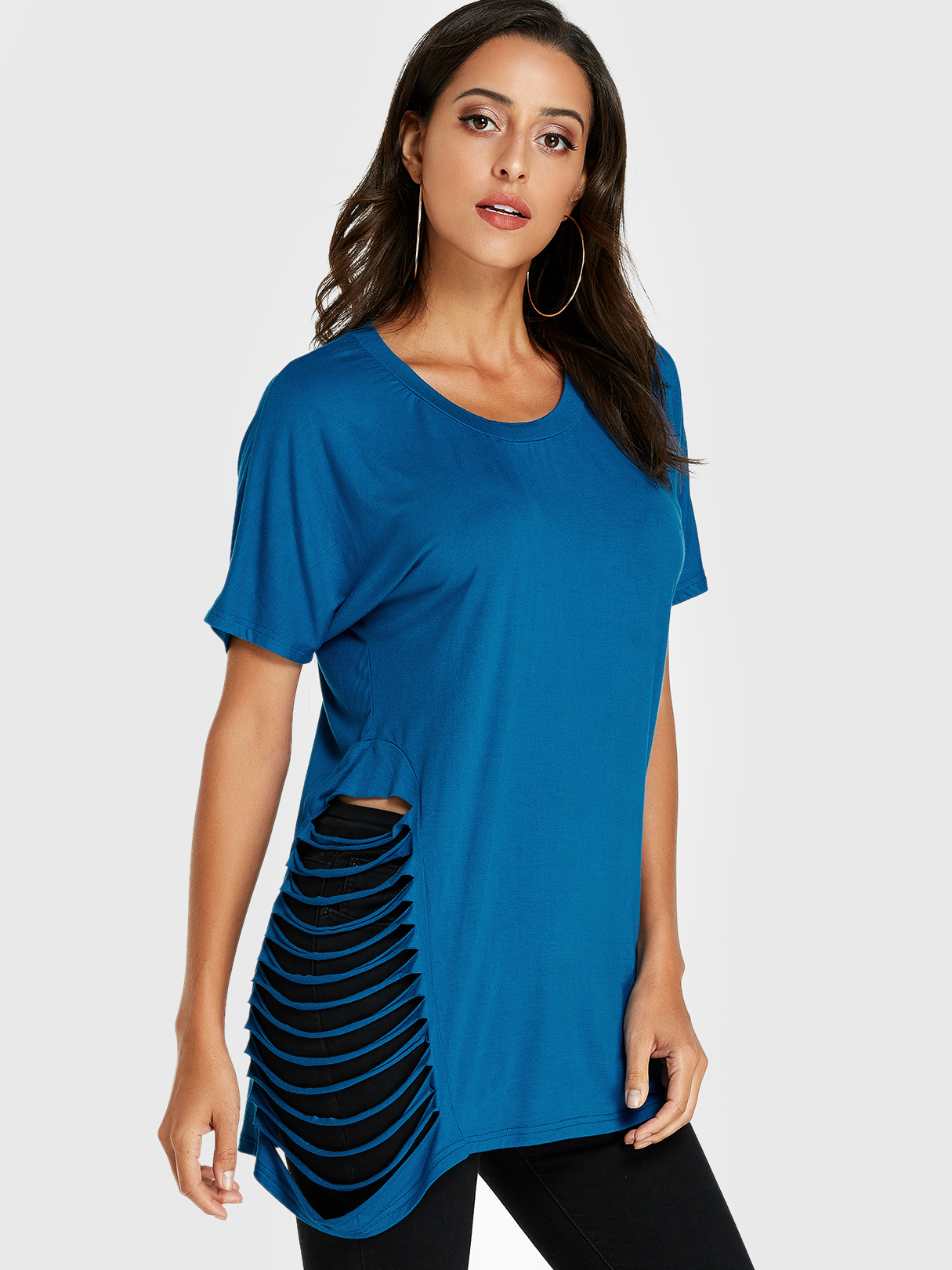 YOINS Blue Round Neck Short Sleeves Ripped Tee