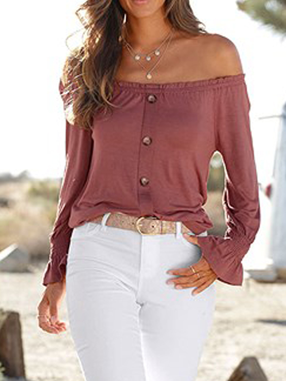 YOINS Pink Front Button Off The Shoulder Long Sleeves Tee