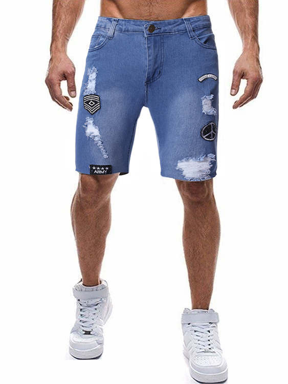 Men Fashion Casual Embroidered Ripped Jeans Shorts