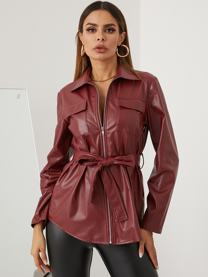 YOINS Zip Front Belt Design Long Sleeves Leather Jacket