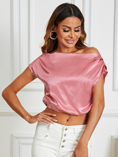 YOINS Pink Satin Boat Neck Short Sleeves Blouse
