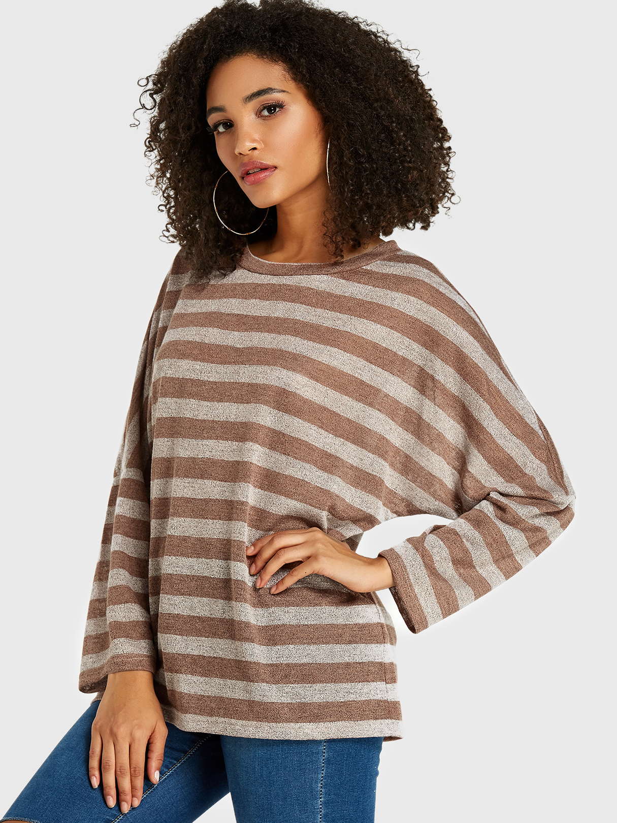 YOINS BASICS Camel Stripe Round Neck Long Sleeves Sweatshirt