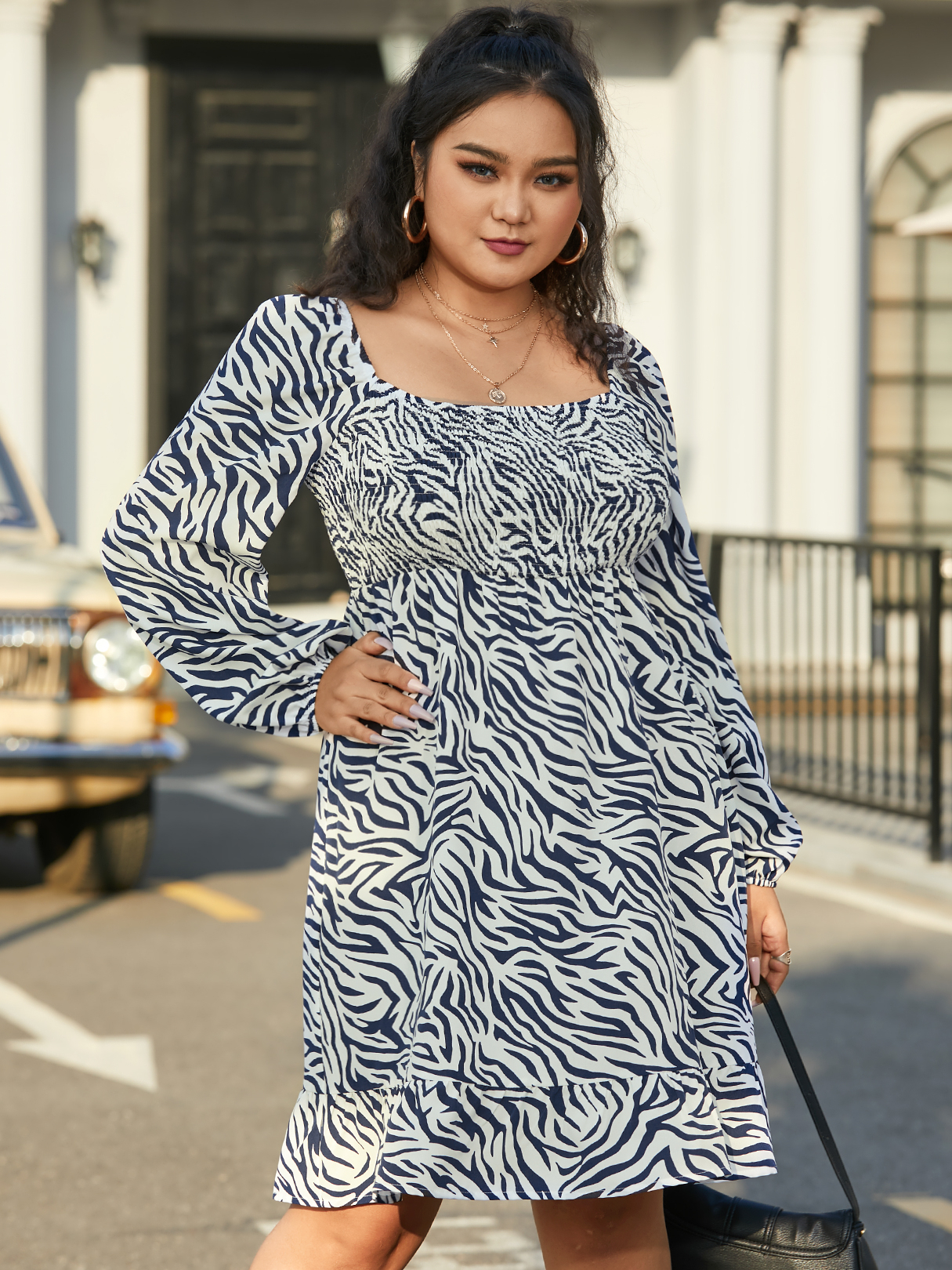 YOINS Plus Size Square Neck Zebra Shirring Long Sleeves Mini Dress