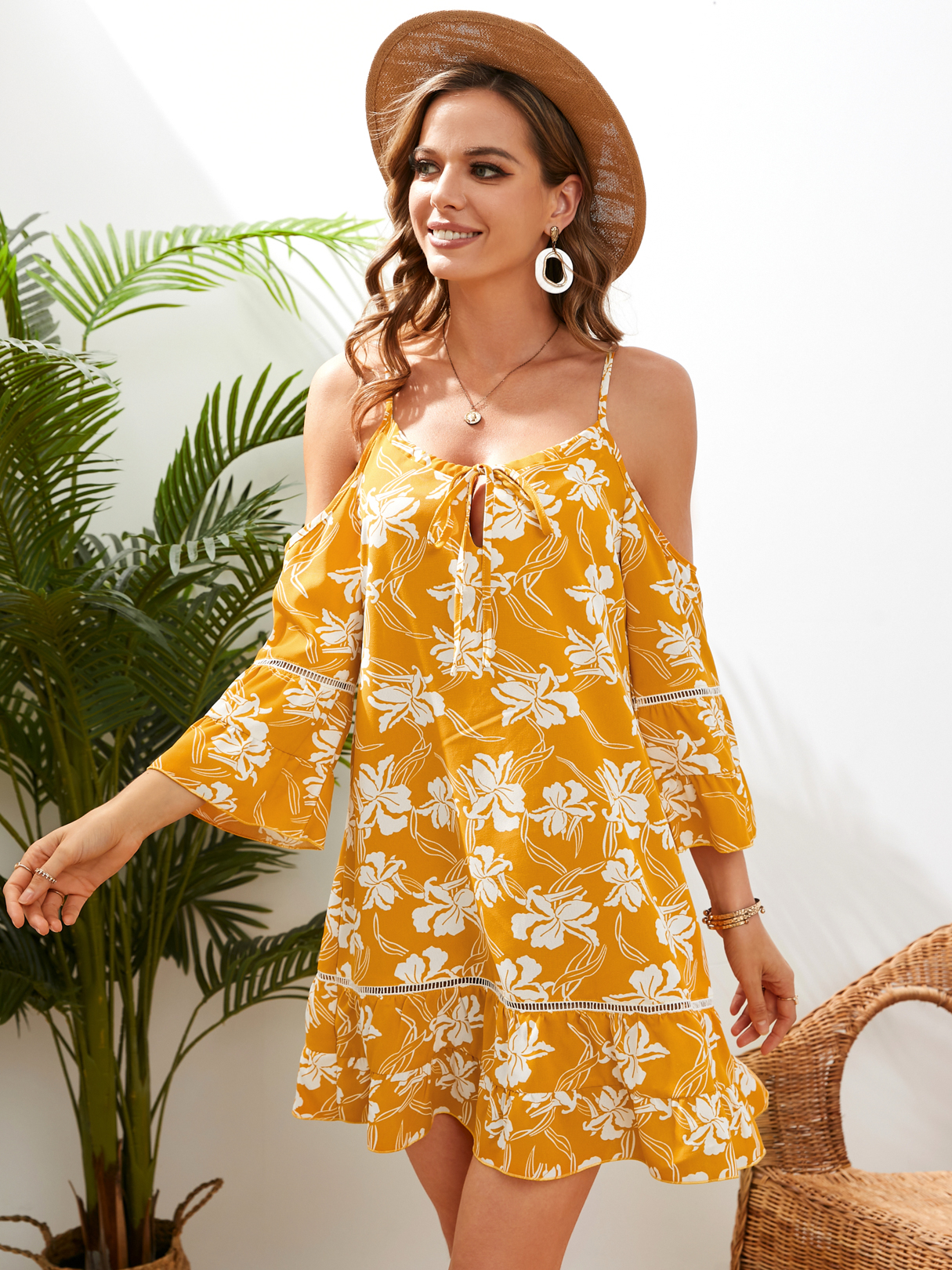 YOINS Yellow Cold Shoulder Floral Print Tie-up Design Mini Dress