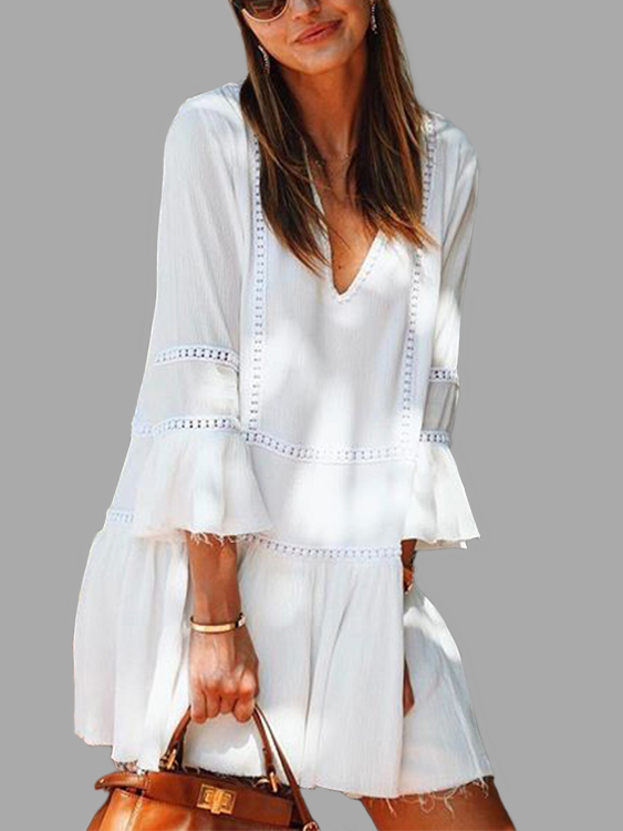 White V-Neck Bell 3/4 Length Sleeves Ruffle Hem Mini Dress