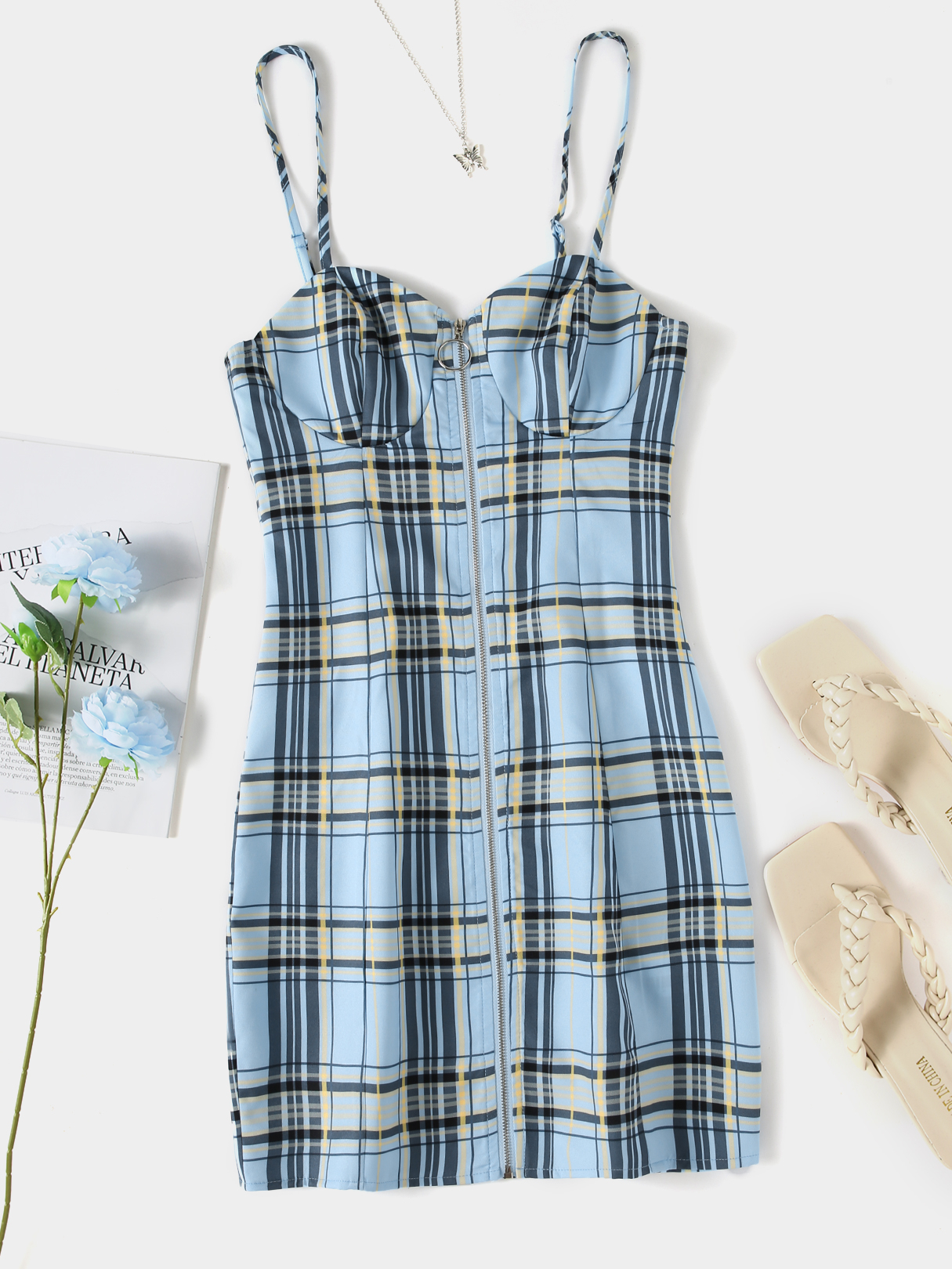 YOINS Blue Spaghetti Plaid Backless Design Zip Front Mini Dress