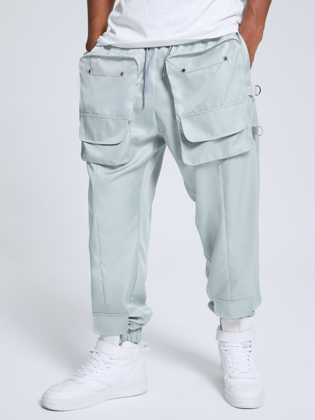 Men Casual Plain Big Pocket Drawstring Waist Cargo Pants