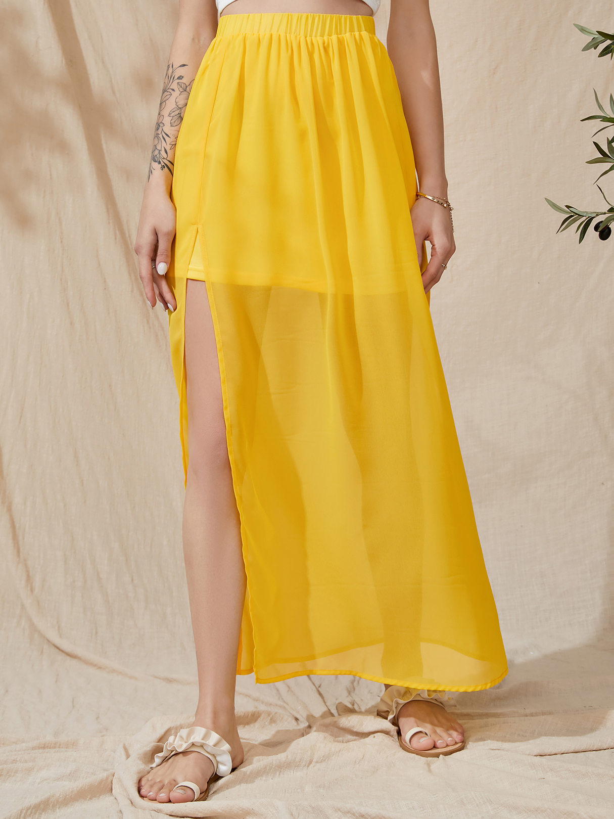 YOINS Semi Sheer With Lining Elastic Waist Maxi Skirt