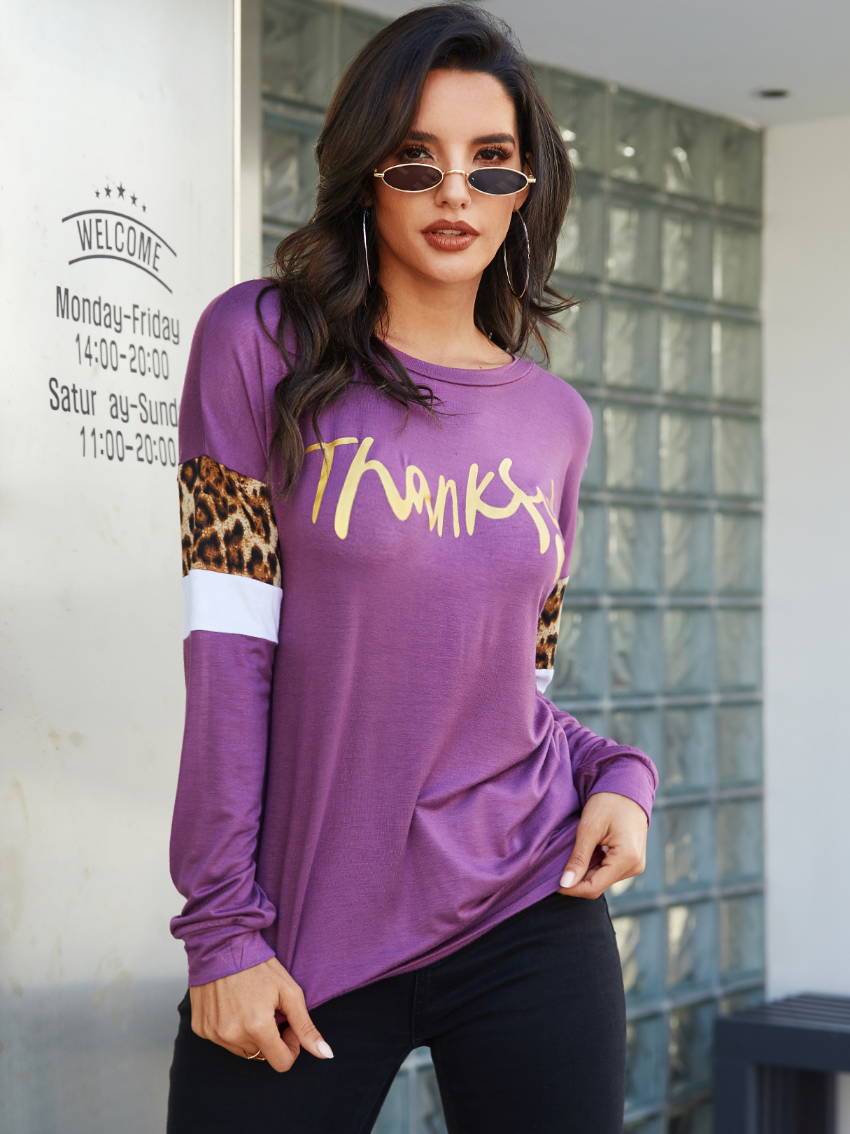 YOINS Splice Letter Pattern Round Neck Long Sleeves Tee
