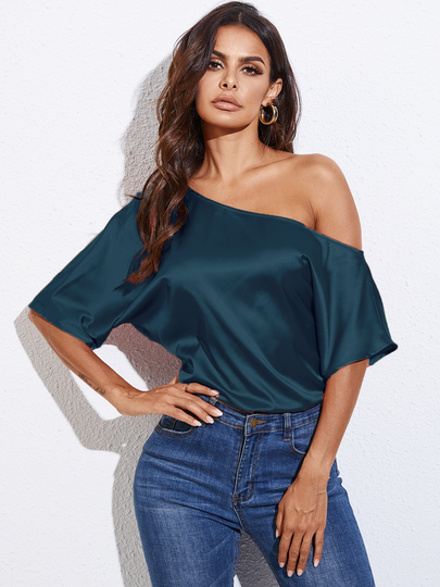 Plain One Shoulder Short Sleeves Tee