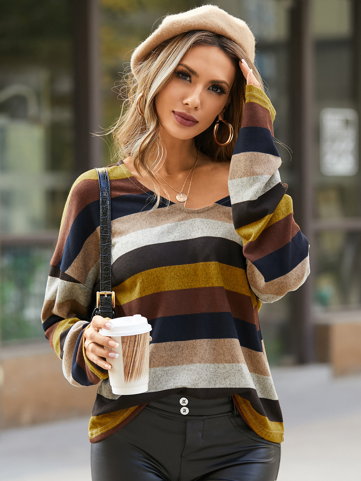 YOINS Casual V-neck Multicolor Striped T-shirt
