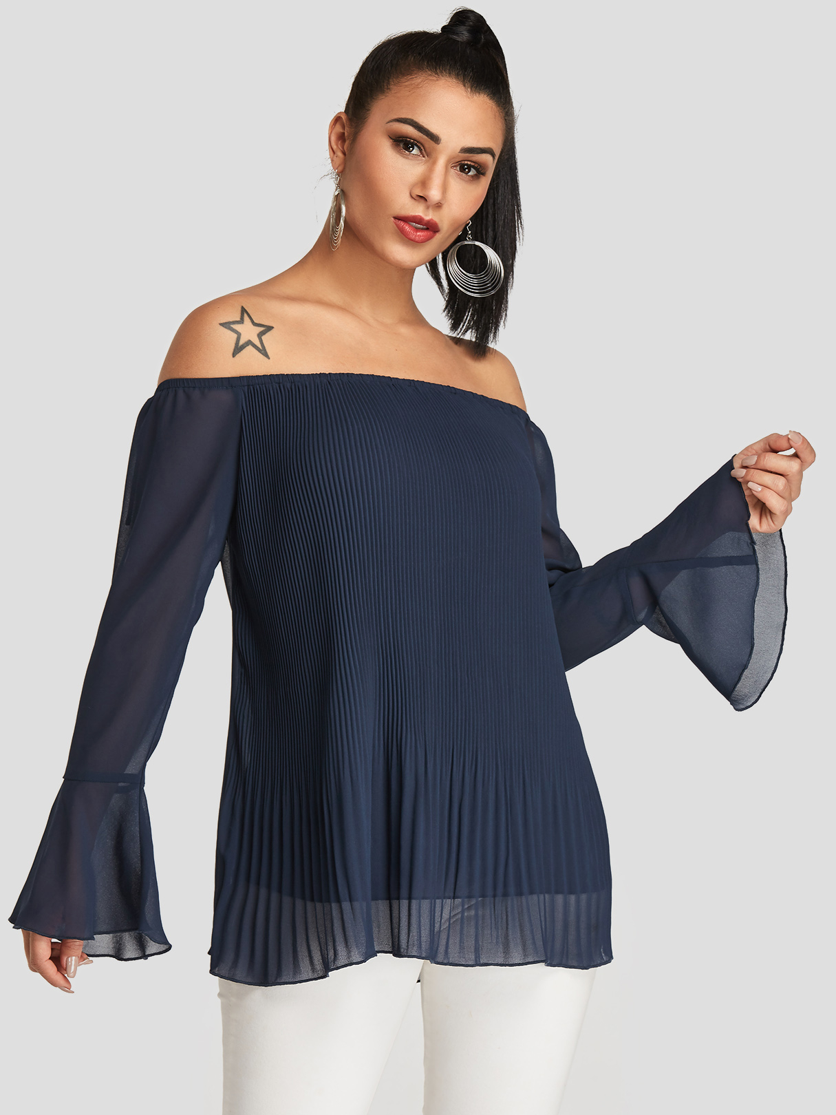 Navy Pleated Design Off The Shoulder Bell Sleeve Blouse