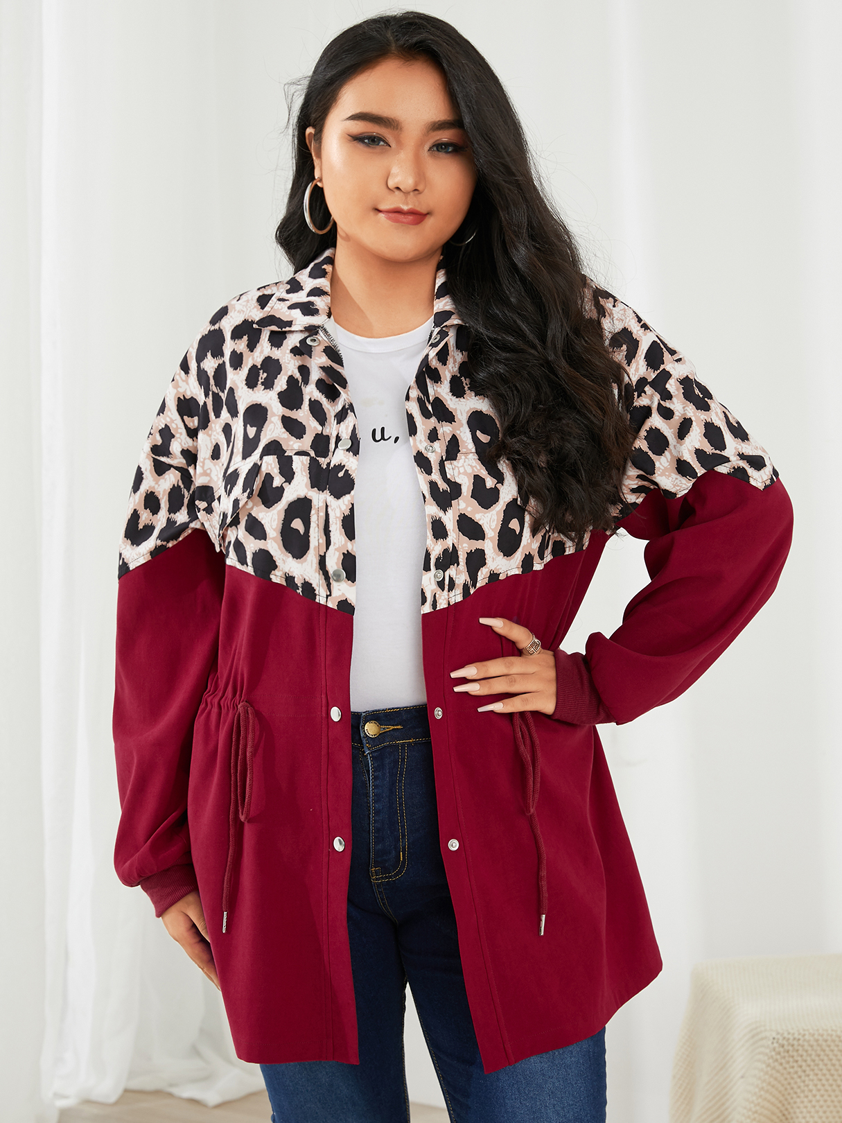YOINS Plus Size Leopard Patchwork Drawstring Coat
