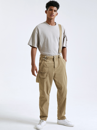 Men Fashion Plain Zipper Fly Suspender Casual Pants