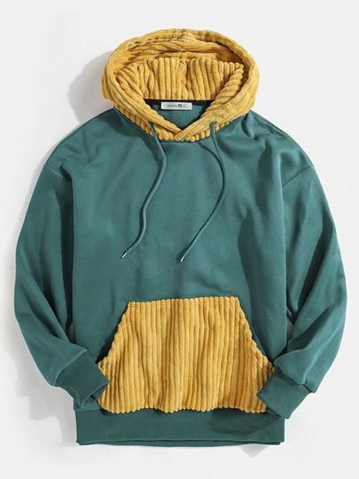 ChArmkpR Men Patchwork Casual Pocket Drawstring Hoodie