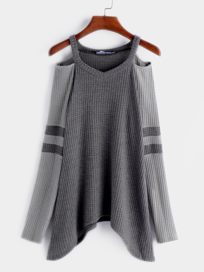 Grey Crew Neck Cold Shoulder Irregular Hem T-shirt