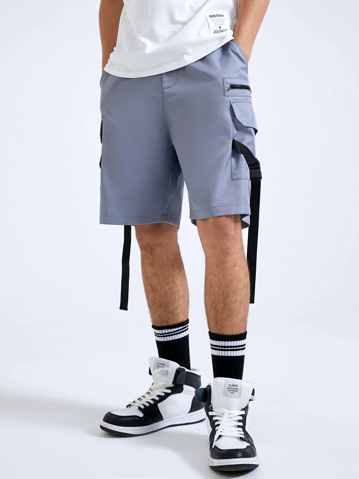 Men Plain Side Ribbon Zipper Fly Cargo Shorts