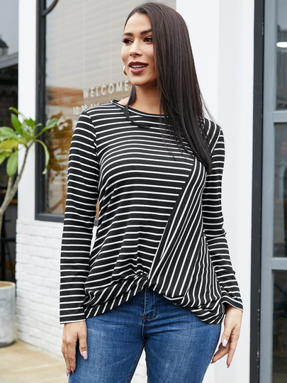YOINS Black Stripe Twist Design Crew Neck Long Sleeves Tee