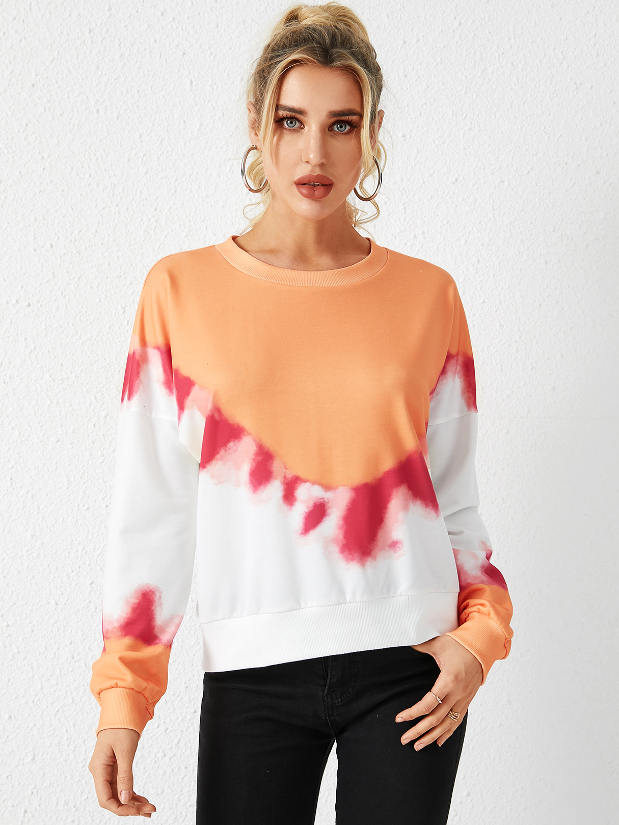 YOINS Orange Tie Dye Round Neck Long Sleeves Tee