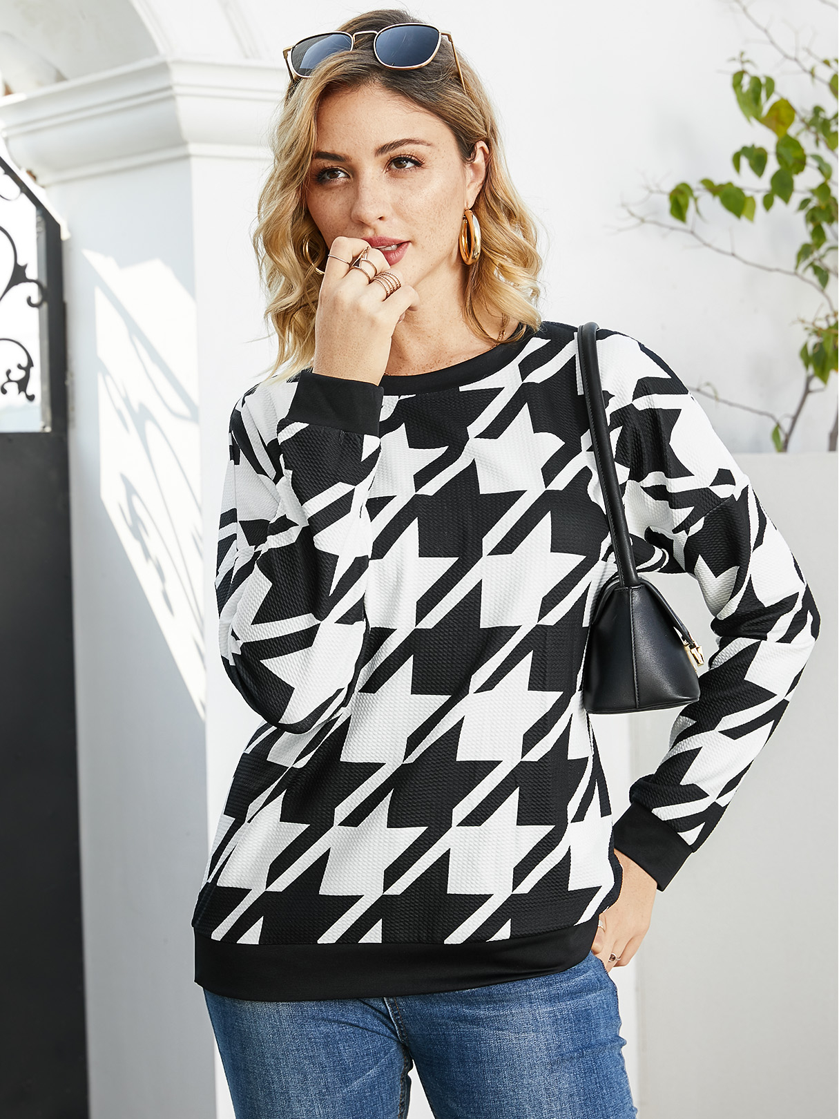 YOINS BASICS Black Houndstooth Round Neck Long Sleeves Sweatshirt