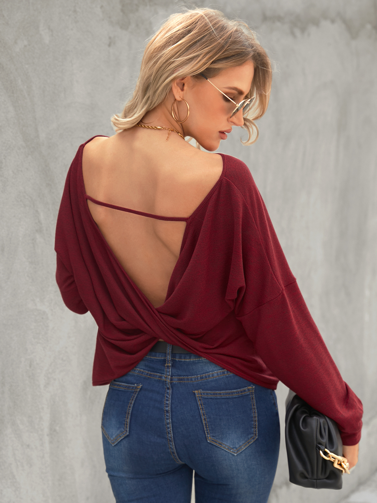 YOINS Backless Design Round Neck Long Sleeves Tee