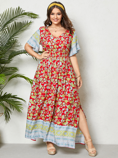 YOINS Plus Size Tribal Shirring Slit Design Short Sleeves Dress