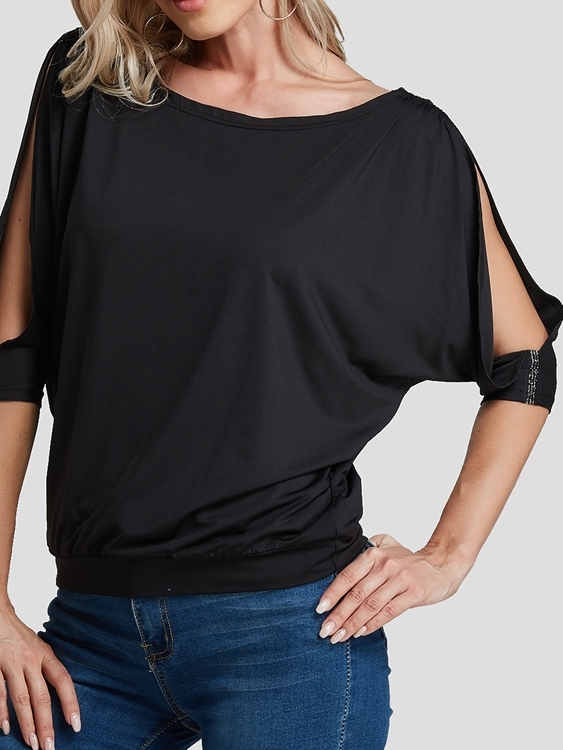 Black Cut Out Round Neck Half Sleeves Tee