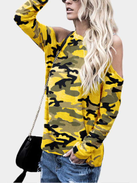 Yellow Camouflage Round Neck Cold Shoulder Long Sleeves T-shirt