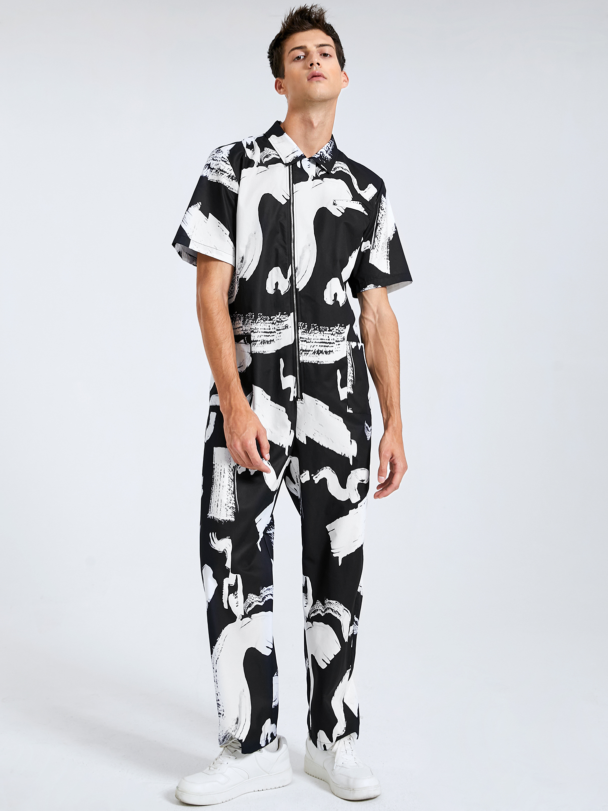 Men Tie Dye Print Zip Front Short Sleeves Jumpsuit