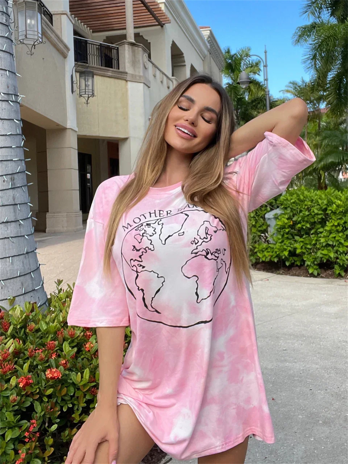 YOINS Tie Dye Graphic Round Neck Short Sleeves Tee Dress