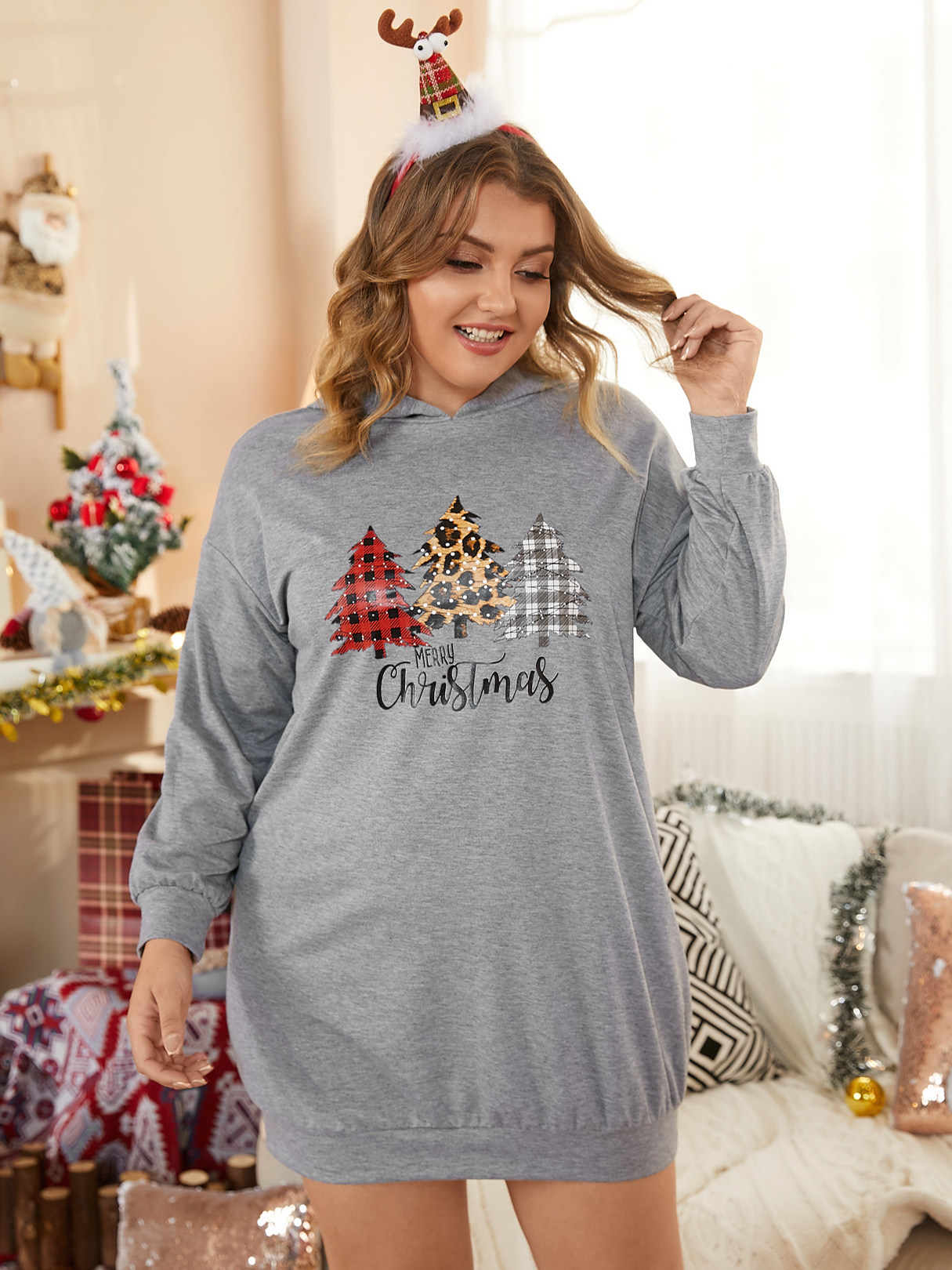 YOINS Plus Size Graphic Hooded Design Christmas Long Sleeves Sweatshirt