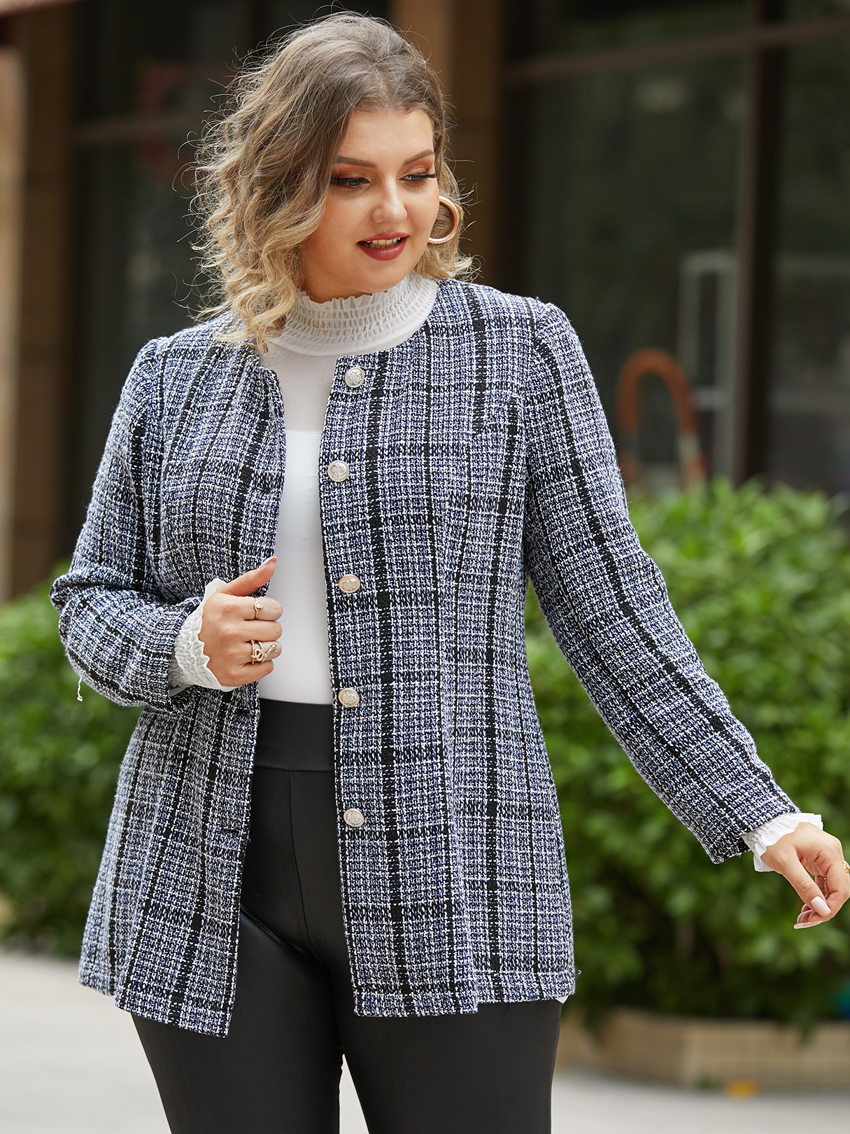 YOINS Plus Size Plaid Button Design Long Sleeves Coat