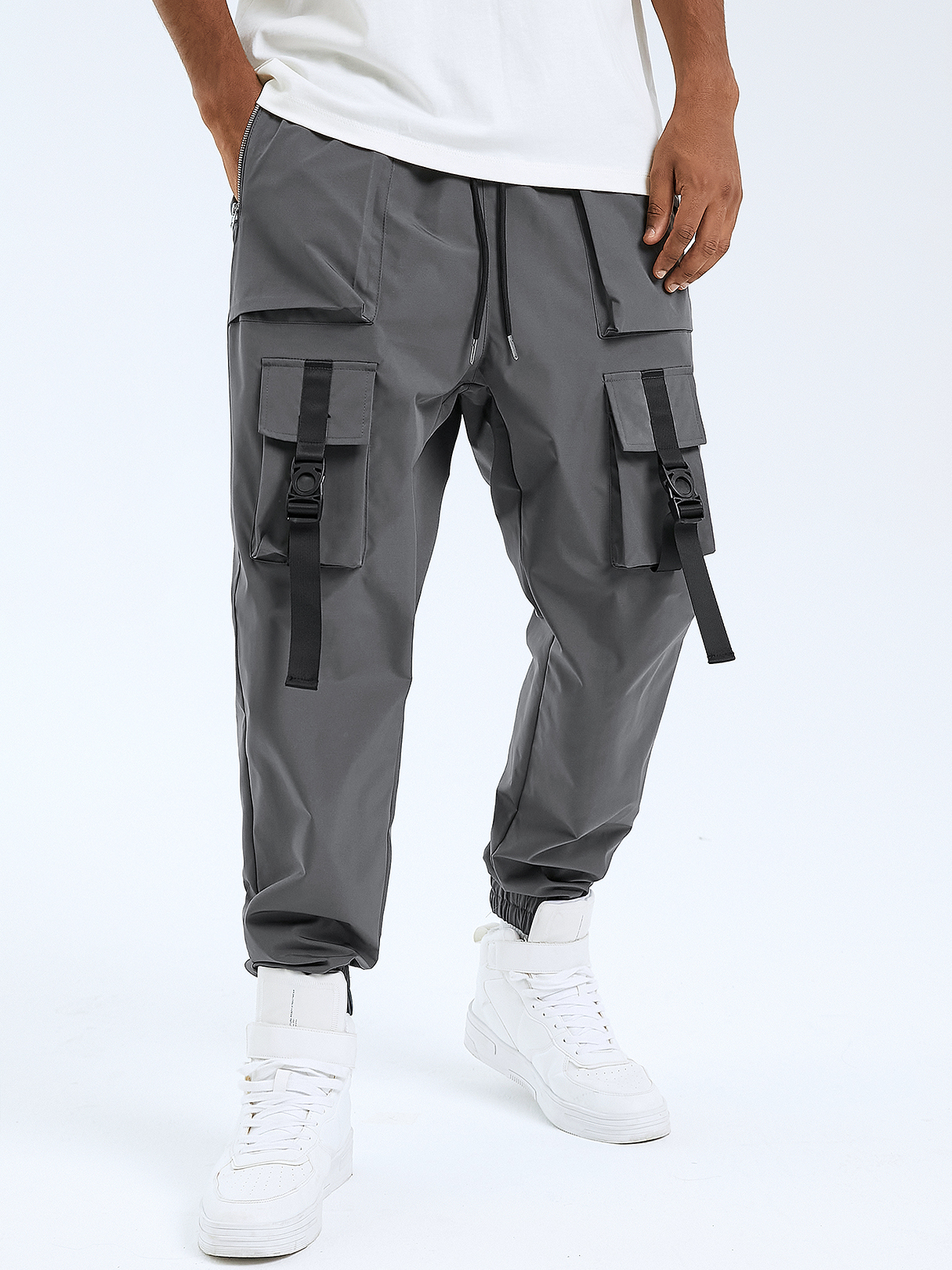 Men Casual Grey Buckle Ribbon Cargo Pants