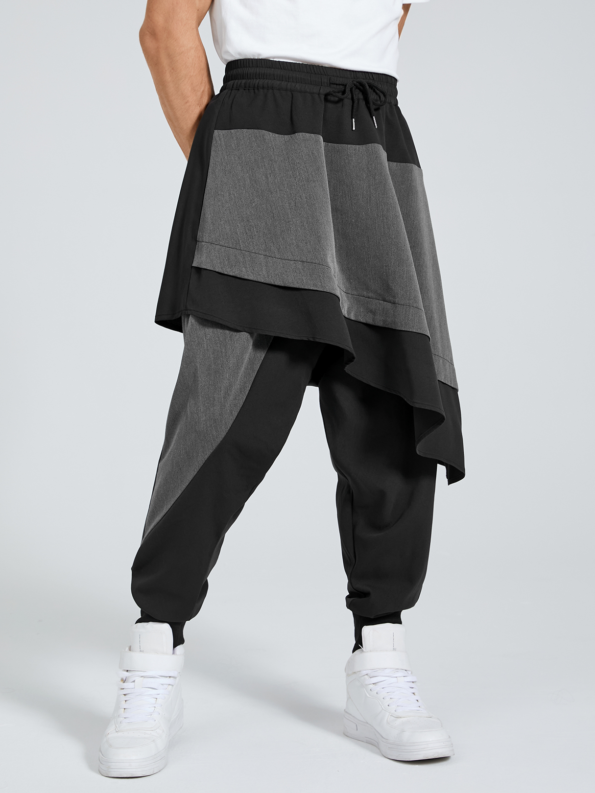 Men Japan Streetwear Hip Hop Color Block Splice Tiered Design Harem Pants
