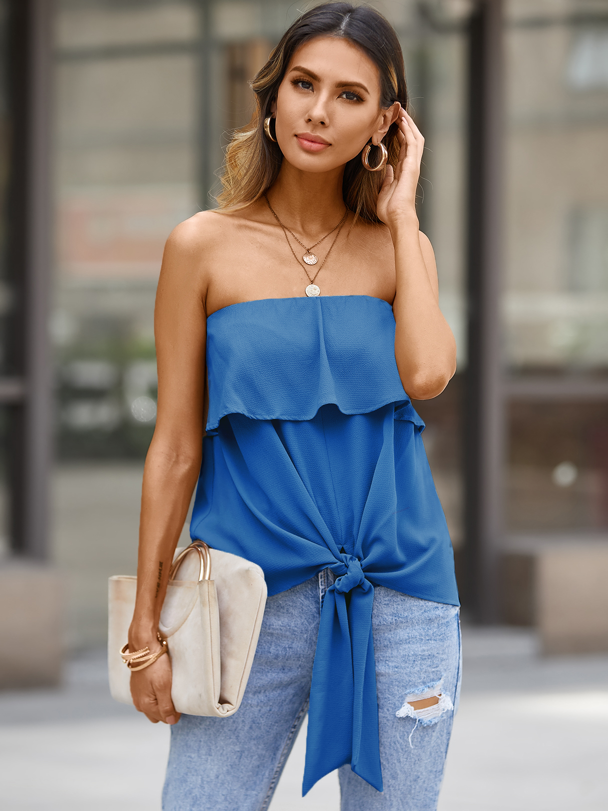 YOINS Tie-up Design Ruffle Trim Sleeveless Tube Top