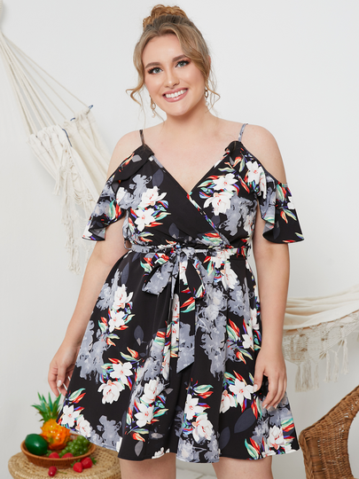 YOINS Plus Size Cold Shoulder Floral Print Belt Design Short Sleeves Dress