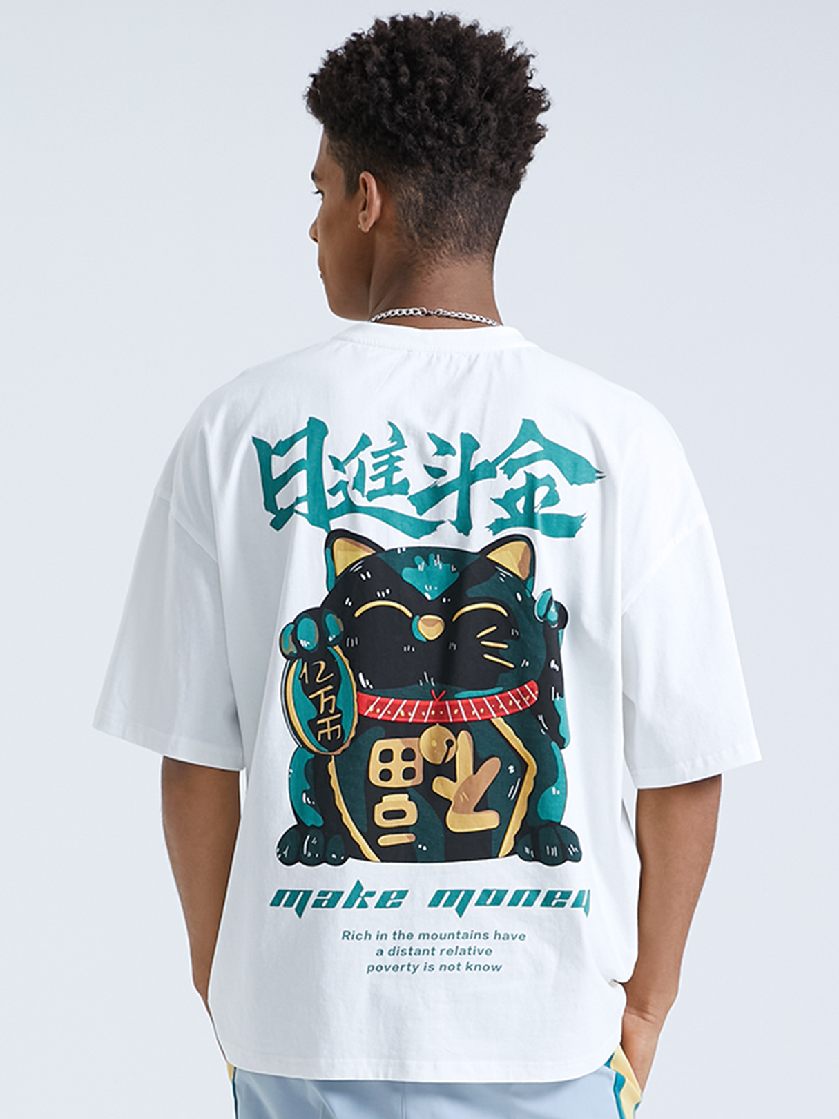 Men 100% Cotton Comfortable Summer Letter Lucky Cat Cartoon Print T-Shirt