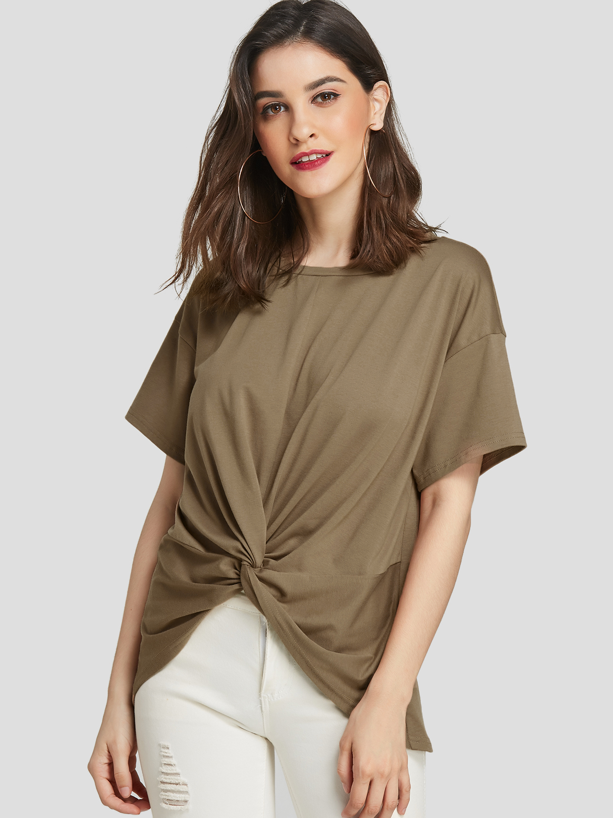 YOINS Khaki Twist Round Neck Short Sleeves Tee