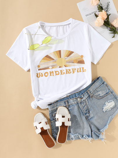 YOINS Five Planets & Letter Print Crew Neck Short Sleeves Tee